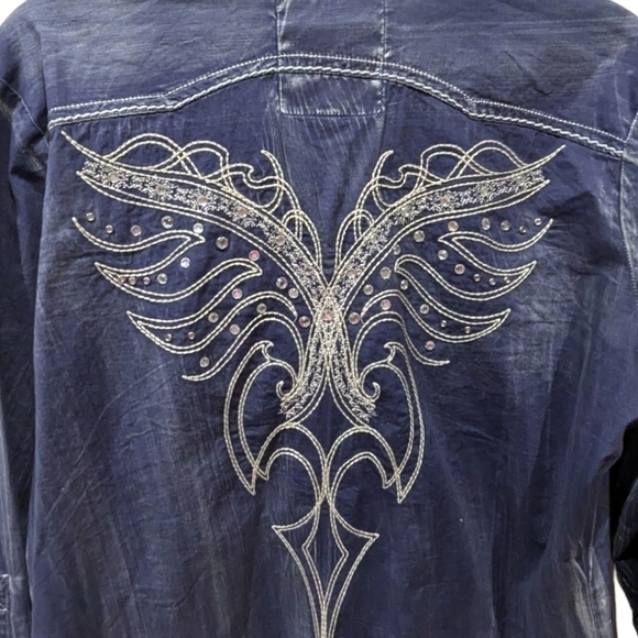 Passion to Roar Embellished Rhinestones Distressed Blue Cowgirl Rodeo Shirt (L) - Picture 5 of 5